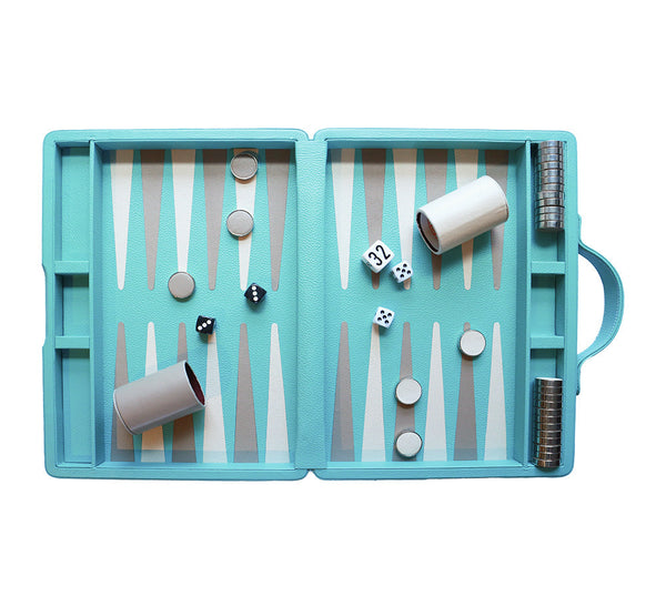 A4 Backgammon Set Games Aqua / Taupe / White 